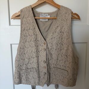 Pierre Cardin Vintage Beige Lace Vest Floral Linen Medium EUC Festival Top